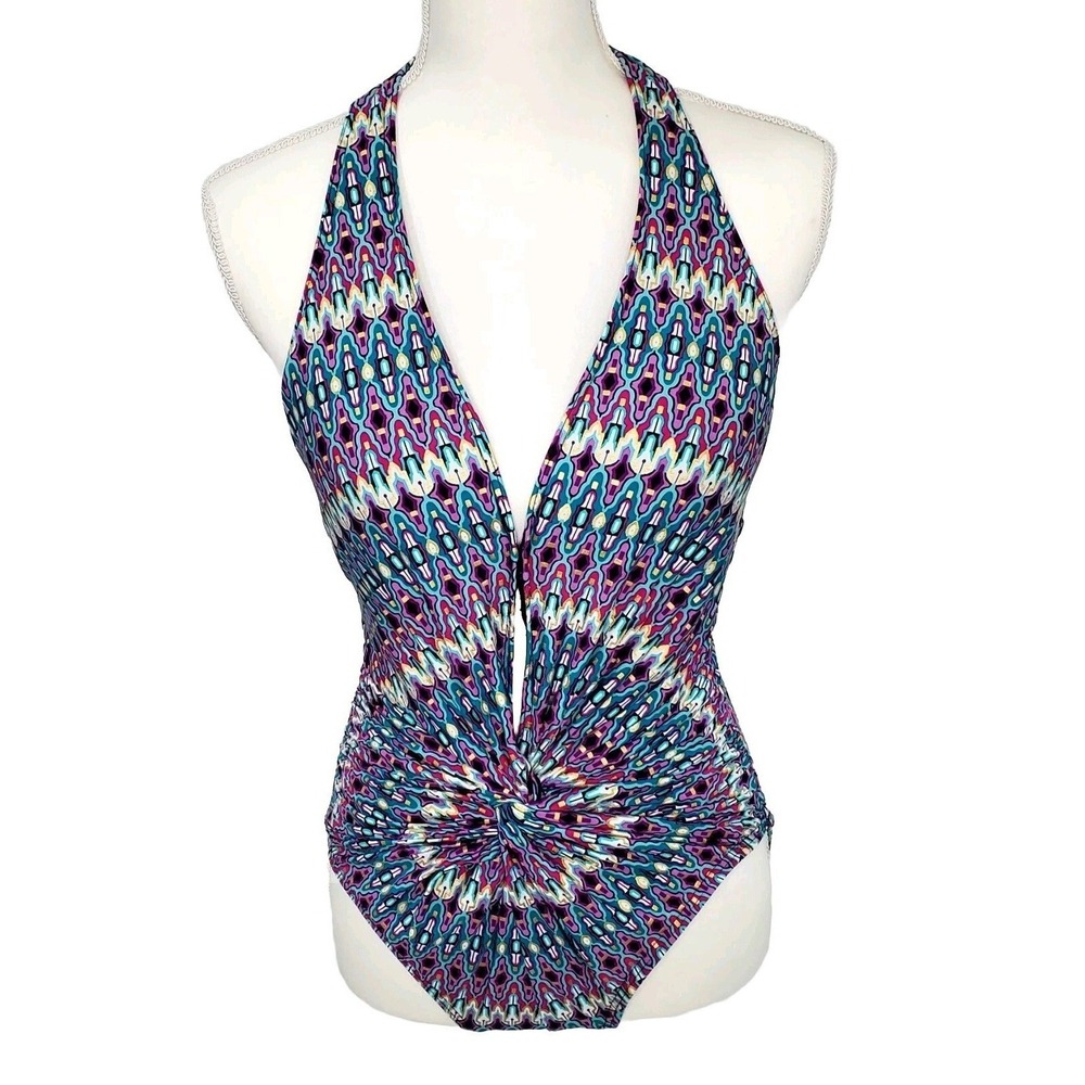 Kenneth‎ Cole New York Geometric Print Twist Front Halter One Piece Swimsuit Lg